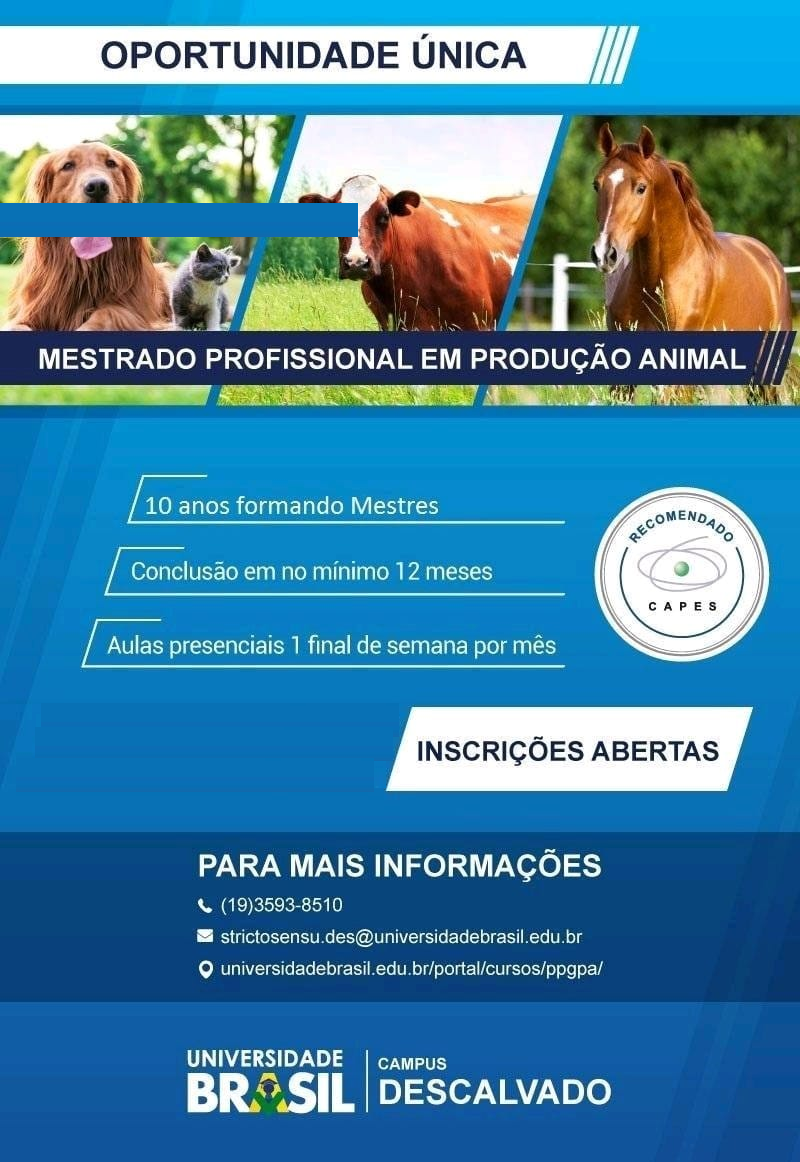 Aproveite a oportunidade: Inscrição de Mestrado profissional em produção animal da Universidade Brasil